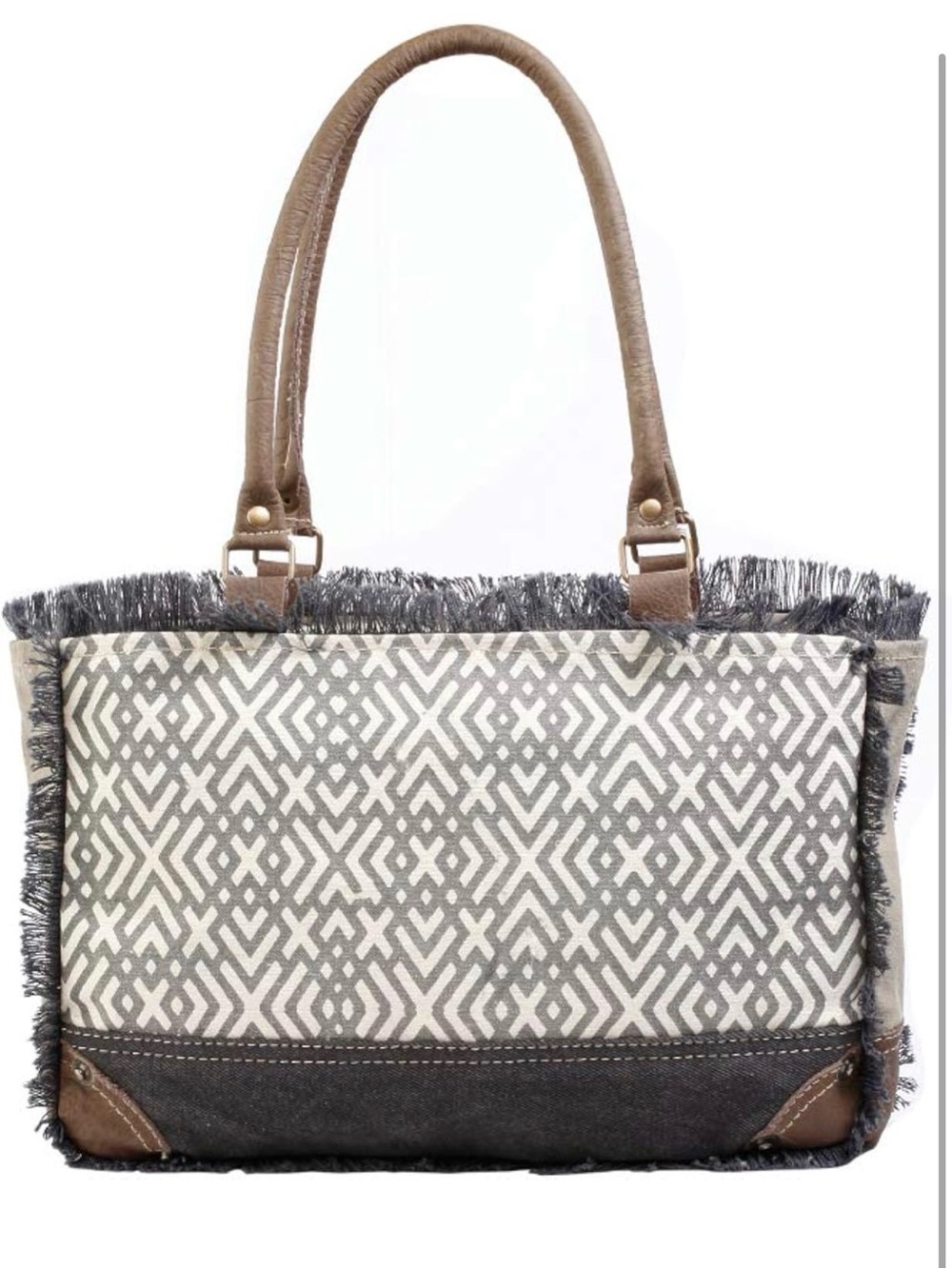 NWT Myra Sapphire Upcycled Le Chatelard Fringe Trim Geometric Tote Bag Purse